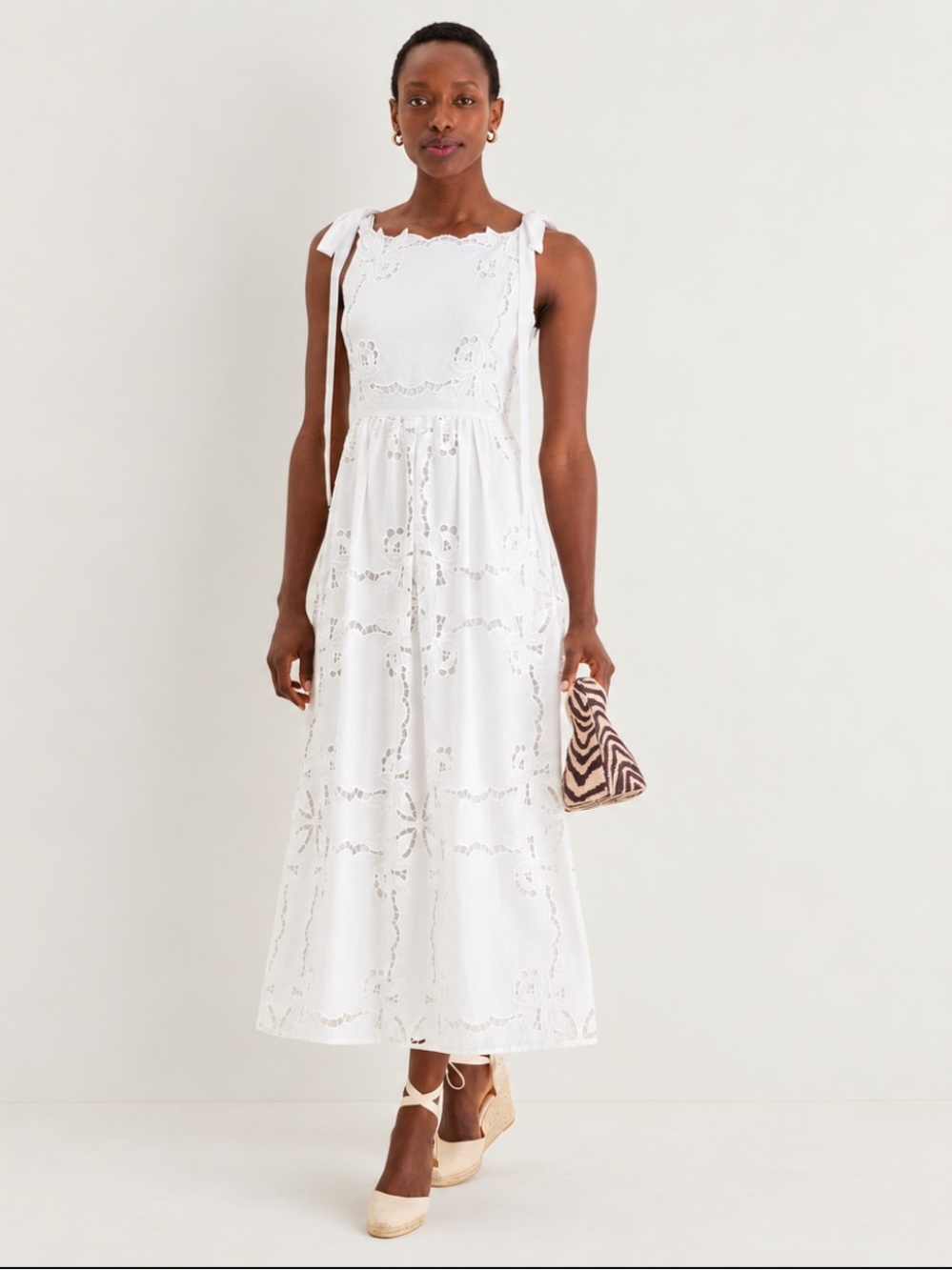 NWT Saylor April White Cotton Eyelet Midi Dress Medium Bow Straps Open Back